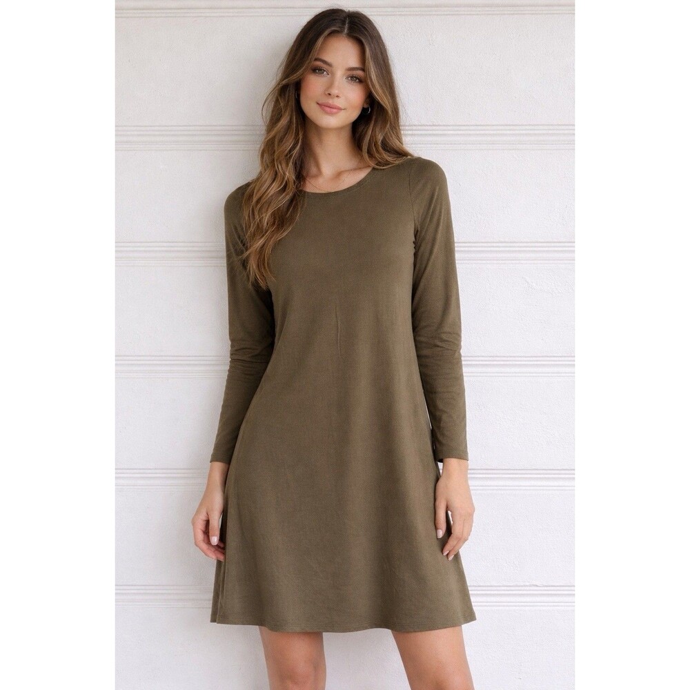 Eileen Fisher Petite XS Large Olive Green Viscose Spandex Swing Tunic Mini Dress